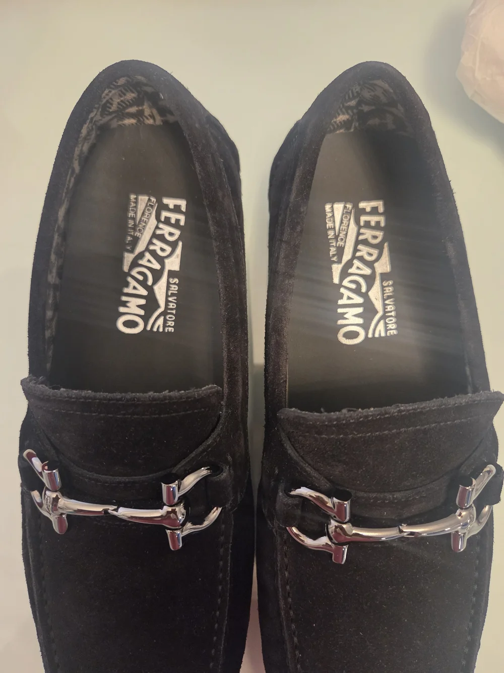 Salvador ferragamo Men's Black Suede Slip-On Loafers Silver Bit Accent